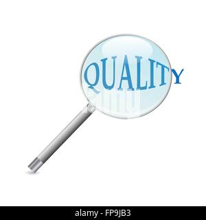 Illustration of a magnifying glass focusing on the word 'Quality'. Stock Vector