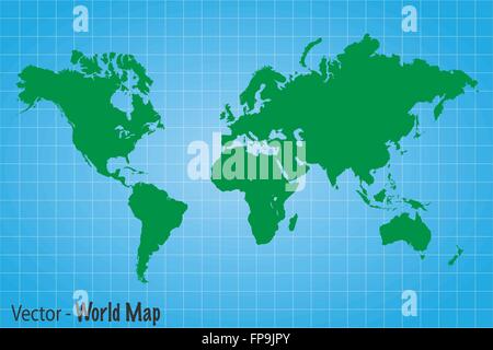 Illustration of a green world map on a blue grid background. Stock Vector