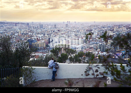 Barcelona, Spain - December 28, 2015: Evening view over city from the Park Guell Barcelona, Catalunya, Spain Stock Photo