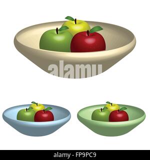 Image of various apples in colorful bowl isolated on a white background. Stock Vector