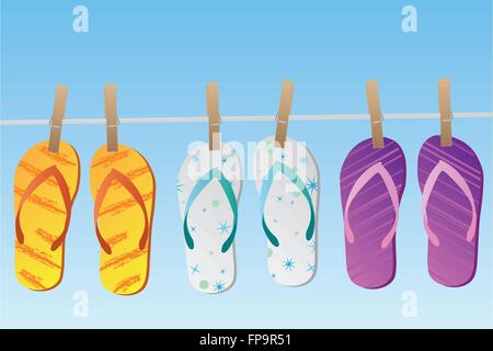 Image of various colorful flip flops hanging on a clothes line isolated on a blue sky background. Stock Vector