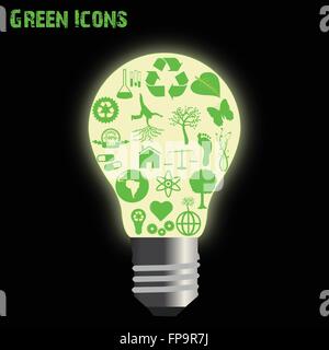 Concept image of various green eco-friendly icons inside of a light bulb. Stock Vector