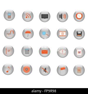 Image of various icons on silver buttons. Stock Vector