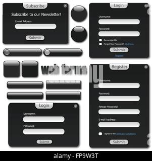 Dark web template with forms, bars and buttons. Stock Vector