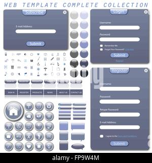Complete web template with forms, bars, buttons, icons and chat bubbles. Stock Vector