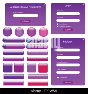 Purple web template with forms, bars and buttons. Stock Vector