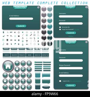 Complete web template with forms, bars, buttons, icons and chat bubbles isolated on a white background. Stock Vector