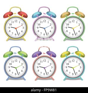 Image of various colorful alarm clocks isolated on a white background. Stock Vector