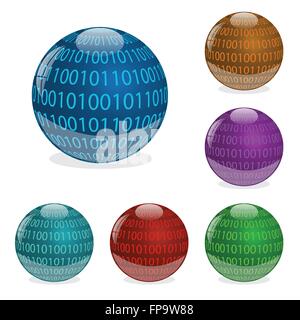 Image of various colorful orbs with binary digits isolated on a white background. Stock Vector