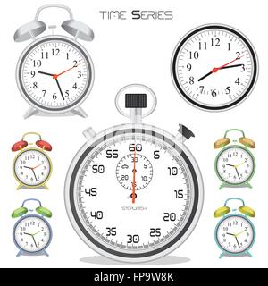 Image of various colorful clocks and a stopwatch isolated on a white background. Stock Vector