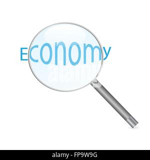 Image of a magnifying glass focusing on the word 'Economy' isolated on a white background. Stock Vector