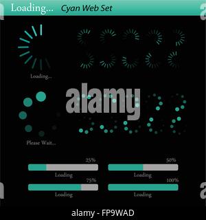 Complete cyan, colorful "loading" web set on a dark background. Stock Vector