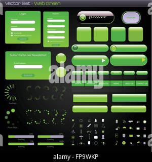 Image of a green web template with forms, bars, buttons and icons on a dark background. Stock Vector