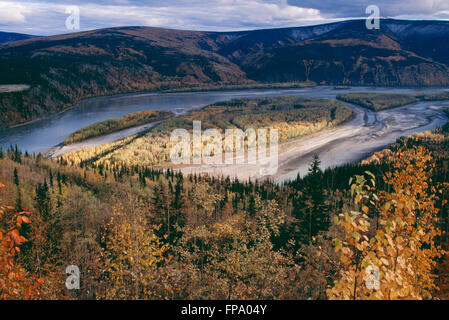 Overview of the Yukon River at Dawson City in Autumn, Yukon Territory, Canada Stock Photo
