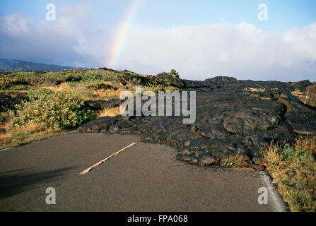 Volcano Lava Flowing Over Road, Hawaii Volcanoes National Park, Big Island, Hawaii Stock Photo