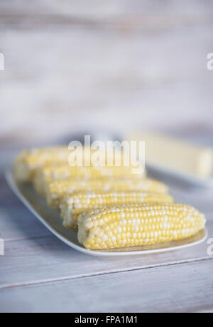 Raw corn on a white plate and white background Stock Photo