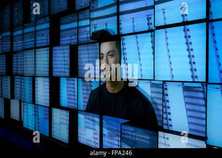 TV screen wall introduce the building history of One World Trade Center aka Freedom at One World Observatory, New York City, USA Stock Photo