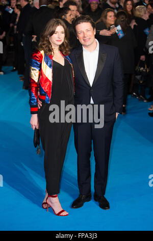 London, UK. 17th March 2016. Jools Oliver and Jamie Oliver attend 'Eddie The Eagle' film premiere in London. Stock Photo