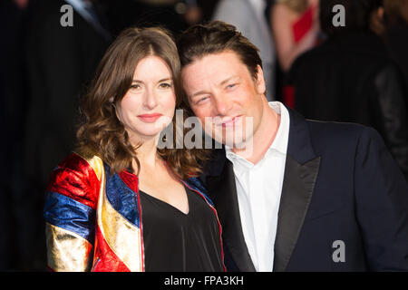 London, UK. 17th March 2016. Jools Oliver and Jamie Oliver attend 'Eddie The Eagle' film premiere in London. Stock Photo