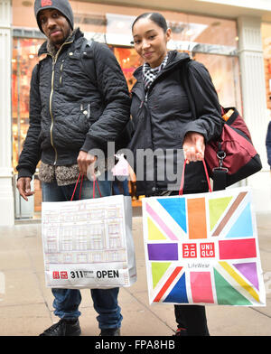 Oxford Circus, London, UK. 18th March 2016. Uniqlo reopen their flagship store on Oxford Street after a year of redevelopment. Stock Photo