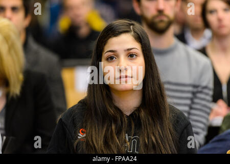 Berlin, Germany. 18th Mar, 2016. The Syrian swimmer Ysra Mardini of Spandau 04 participates in a press conference on 18 March 2016 in Berlin. Mardini will start at the Olympics in Rio 2016 for the IOC Refugee Team. Credit:  dpa picture alliance/Alamy Live News Stock Photo