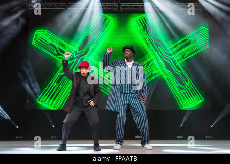 London, UK. 18 March 2016. Performers Rowdy and Mechanic perform on the Main Stage. Move It, the UK's biggest event for dance and performing arts opens at the Excel Exhibition Centre and runs until  Sunday, 20 March 2016. Credit:  Vibrant Pictures/Alamy Live News Stock Photo