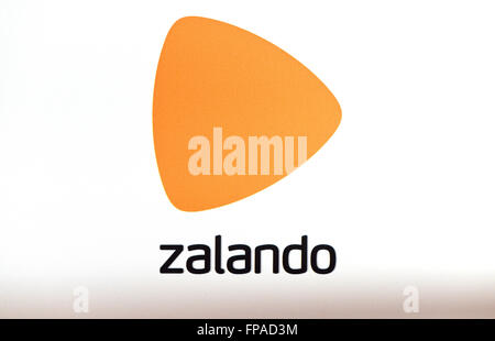 Berlin, Germany. 15th Mar, 2016. The logo of Zalando at the Zalando Fashion x Sports Launch Event Spring/Summer 2016 in the gallery St. Agnes in Berlin, Germany, 15 March 2016. Photo: Jens Kalaene/dpa/Alamy Live News Stock Photo