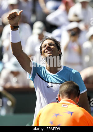 Los Angeles, California, USA. 18th Mar, 2016. RAFAEL NADAL of Spain celebrates after defeating Kei Nishikori of Japan during the men singles semifinal of the BNP Paribas Open tennis tournament on Friday. Nadal won 6-4, 6-3. Credit:  Ringo Chiu/ZUMA Wire/Alamy Live News Stock Photo