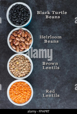 Red and brown lentils, heirloom beans, and black turtle beans on dark grungy surface. with labels. Top view vertical image with Stock Photo