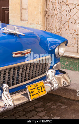 close up of blue chevrolet car at Havana, Cuba, West Indies, Caribbean, Central America Stock Photo