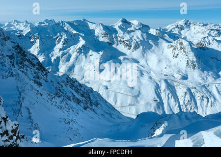 Scenery from the cabin ski lift at the snowy slopes (Tyrol, Austria). Stock Photo