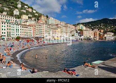 Crowds of people enjoying a day out at Camogli beach resort on the Ligurian coast. Stock Photo