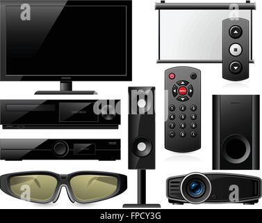 Home theater equipment with 3d glasses and projector Stock Vector