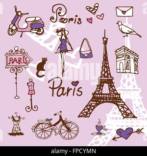 Paris symbols doodle - background Stock Vector
