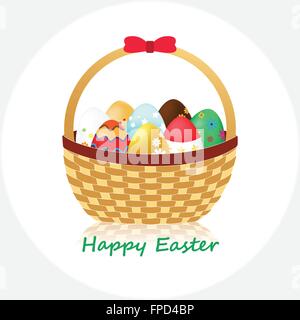 Wicker Basket with Easter Eggs isolated on White background. Vector Illustration. Stock Vector