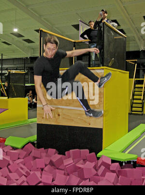 TOWIE Star Joey Essex at the official opening of Base Jump Trampoline Park in Rayleigh, Essex  Featuring: Joey Essex Where: Rayleigh, United Kingdom When: 15 Feb 2016 Stock Photo