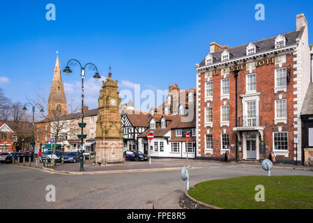 St. Perer's Square in the centre of Ruthin, Denbighshire, North Wales, with the Castle hotel. Stock Photo