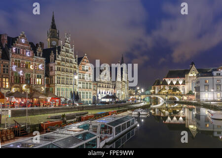 Quay Graslei in Ghent town at night, Belgium Stock Photo