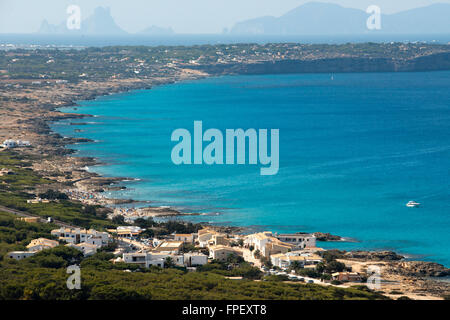 Aerial view. Racó de s'Anfossol, Es Calo de San Agusti beach, Formentera Island, Mediterranean sea, Balearic Islands, Spain. Es Stock Photo