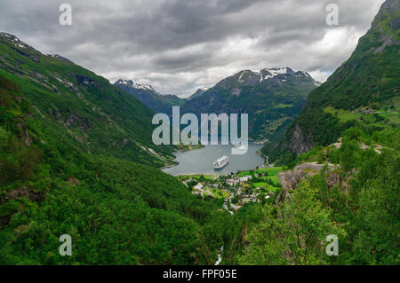 Aerial view of Geiranger village on the secluded shore of Geirangerfjord, Norway Stock Photo