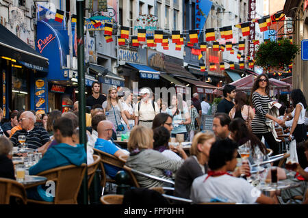 Several restaurants at Rue du Marche aux Fromages, Brussels, Belgium. In the center of Brussels abound terraces and restaurants Stock Photo