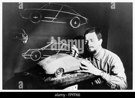 Ferdinand Alexander Porsche (1935-2012), Grandson of the founder of Porsche, German-Austrian designer whose best known product was the first Porsche 911. Studio photograph at work on clay model of Porsche 911 with his sketched drawing behind. Stock Photo