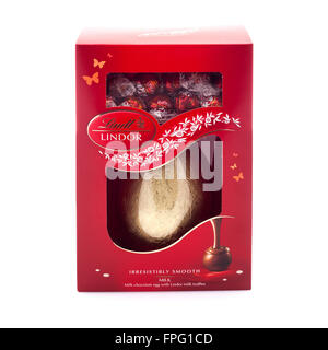 Lindt Lindor Milk Chocolate Easter Egg with Milk Truffles on a white background. Stock Photo