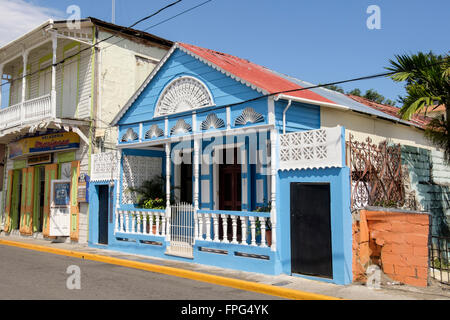 Colonial old wooden house in Parque Central, San Felipe de Puerto Plata, Dominican Republic, Caribbean Islands, West Indies Stock Photo