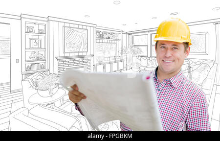Smiling Contractor Holding Blueprints Over Custom Living Room Drawing. Stock Photo
