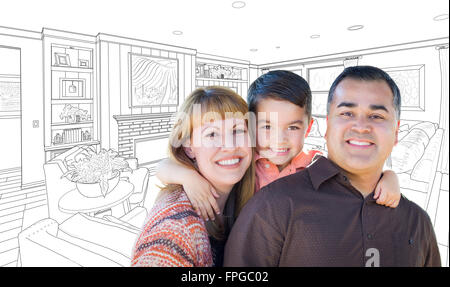 Happy Young Mixed Race Family Over Custom Living Room Drawing On White. Stock Photo