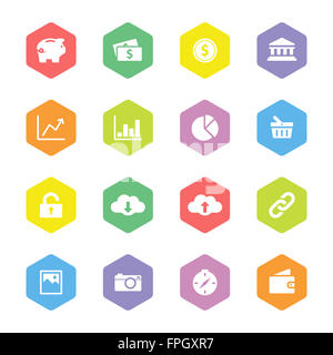 [JPEG] colorful flat finance and technology icon set with hexagon for web, UI, infographic and mobile apps Stock Photo