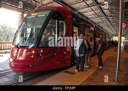 A Sydney light rail tram manufactured by the Spanish CAF group, stops at Central Railway Station in Sydney, New South Wales, Aus Stock Photo