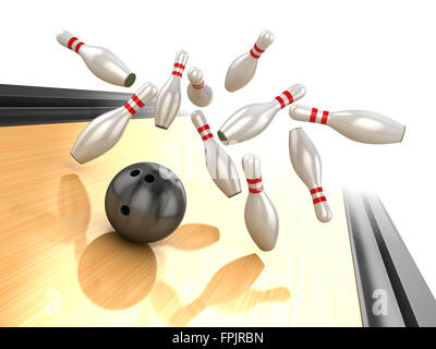 Bowling Ball Crashing Into the Pins , This is a computer generated and 3d rendered image. Stock Photo