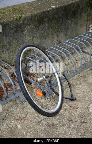 Bicycle stand, front tyre, front wheel, bicycle lock Stock Photo